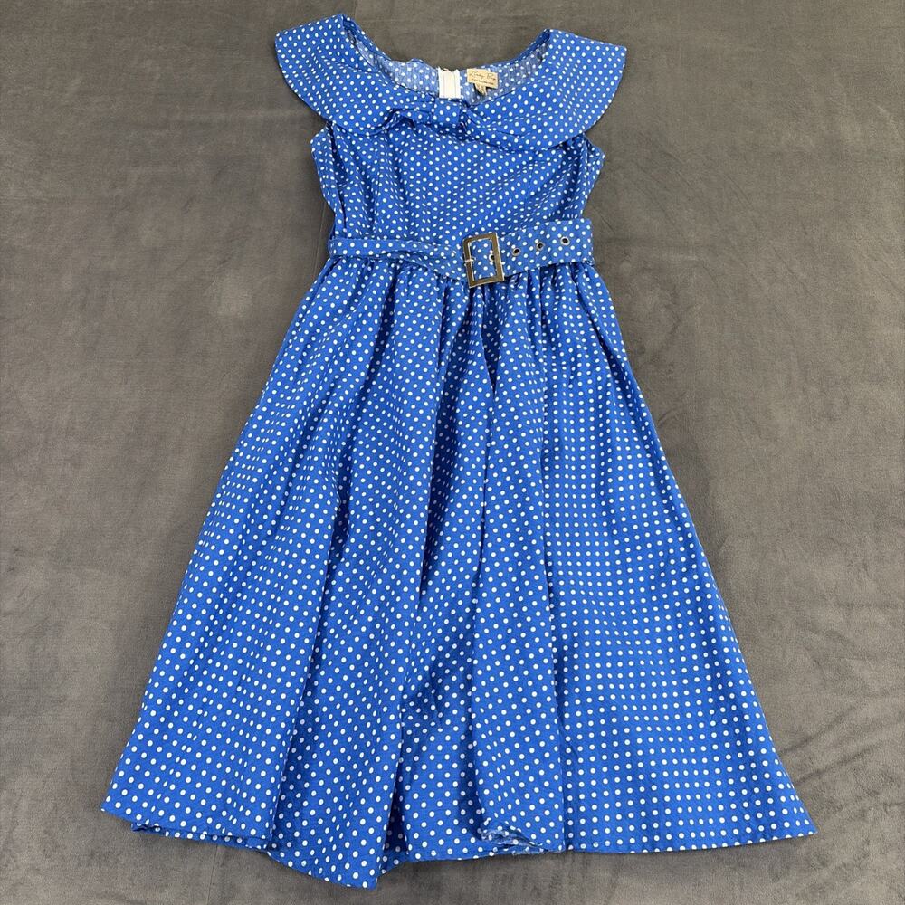 2) Lindy Bop Womens Fit N Flare Dress Small Blue & Red Polka Dots Rockabilly - Picture 8 of 11
